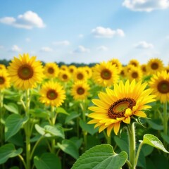 Obraz premium Sunflowers in a field, varying stages of bloom, environment, photo