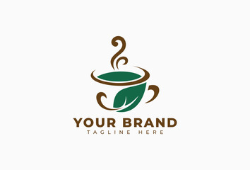 Hot Drink with Leaf and Cup for Green Tea or Coffee Logo Design Element