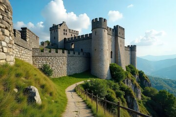 Ancient stone fortress, weathered battlements, architecture, citadel