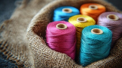 Colorful spools of thread nestled in burlap