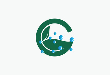 Initial G Leaf Icon with Combined Water Splash for Pure Fresh Natural Water Logo Design Element