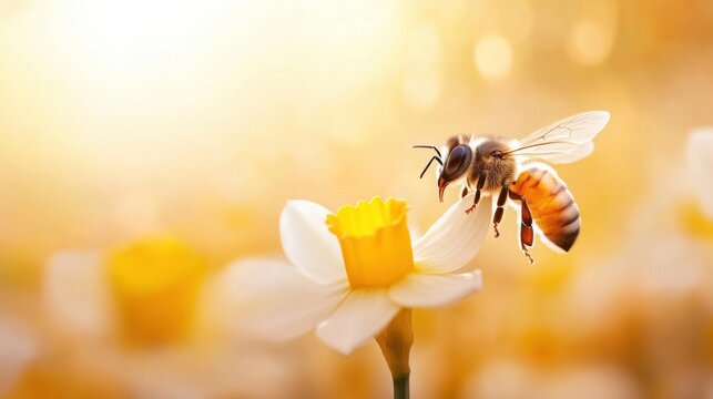 Close-Up of Bee Pollinating Beautiful White Daffodil in Garden