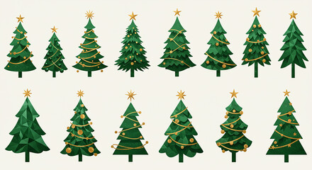 Fototapeta premium Christmas trees decorated with golden ornaments and lights creating festive atmosphere