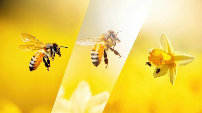 Bees Pollinating Vibrant Yellow Flowers in Natural Environment