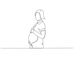 Continuous one line drawing of pregnant woman touching her belly. One line drawing illustration of woman pregnant. International mother day concept single line. Editable outline