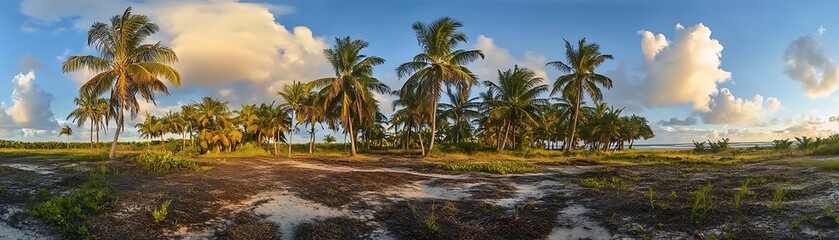 Obraz premium Tropical island panorama features palm trees against a backdrop of clouds and blue sky during a warm sunset