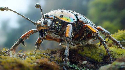 Metallic beetle on mossy surface iridescent colors detailed texture nature macro photography