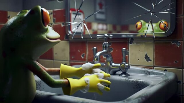 A cartoon frog wearing yellow gloves washes a rubber duck in a cracked bathroom sink, reflecting chaos - cartoon wash your hands