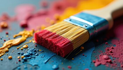 Fototapeta premium Close-up of worn paintbrush bristles, vibrant colors, colors, painting