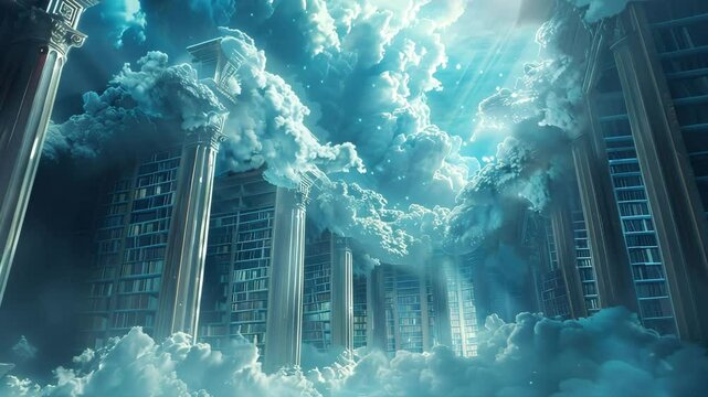 Celestial Library Bookshelves Amidst Clouds and Light
