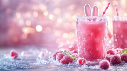Refreshing Pink Drink with Bunny Ears and Bokeh Background Perfect for Spring and Easter Celebrations