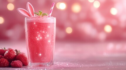 Refreshing Pink Drink with Bunny Ears and Raspberries on Sparkling Background for Festive Celebrations