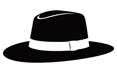 Minimalist vector illustration of a wide-brimmed fedora hat in black with a light-colored band, showcasing a classic vintage style suitable for fashion or retro design themes.