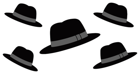 Set of vector illustrations of classic fedora hats in black with light bands, displayed in various angles. Perfect for fashion, retro, or vintage design elements.