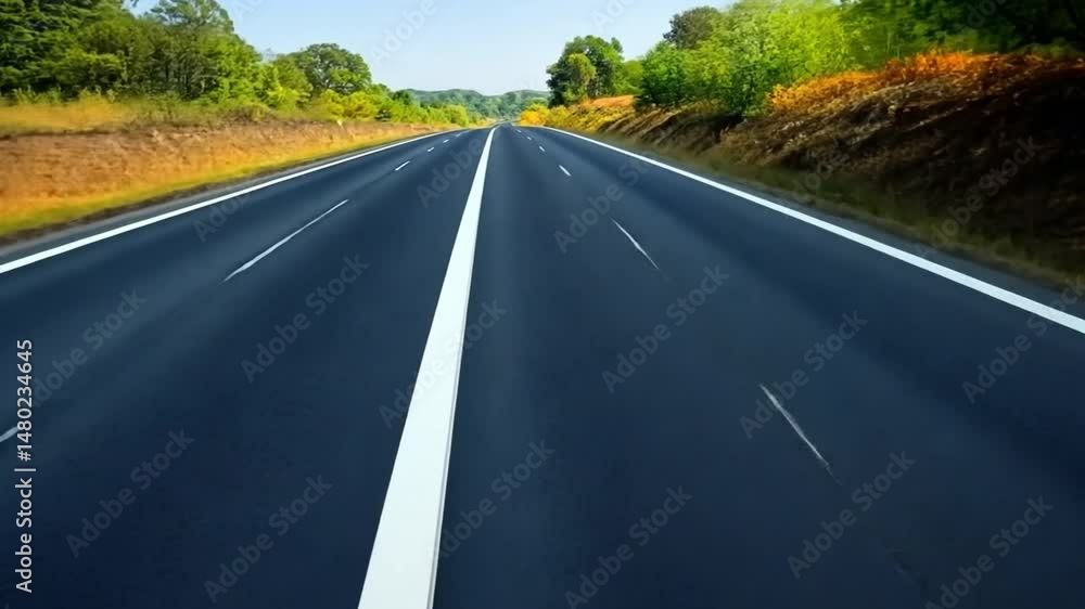 Poster exploring empty highway journey through smooth asphalt roads surrounded by lush greenery and vibrant
