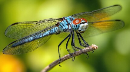 Vibrant dragonfly perched on a twig