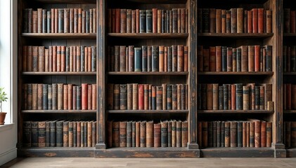 Dark wood bookcase, filled with old books, against a white wall, organized, library, full