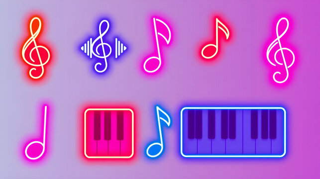 Musical Signs Neon Vector Icons Set. Musical Clef, down beat, sforzando, forte, piano signs.