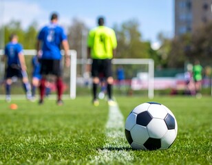 Fototapeta premium Soccer ball on a field with blurred players in the background. Ideal for sports, fitness, and activity themes.