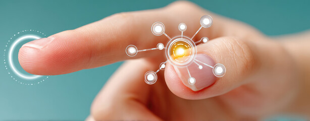 Hand interacts with glowing digital interface, network of connections. Finger taps on touchscreen