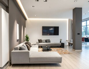 Modern living room interior design with large gray sectional sofa, flat-screen TV, and stylish decor.