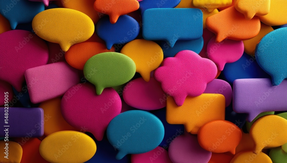Poster a vibrant collection of colorful speech bubbles overlapping each other, symbolizing communication an