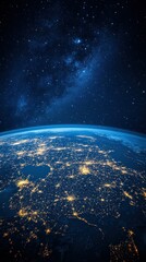 Obraz premium Earth at night, lit by city lights, seen from space, with a milky way background