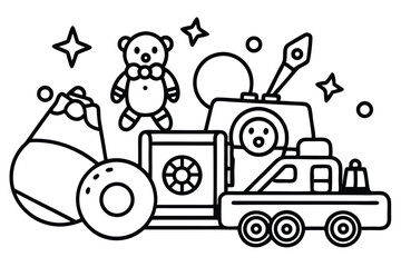 Obraz premium Simple line art outlines a toy truck pulling a trailer with a teddy bear