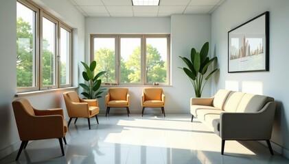 Friendly and welcoming doctor's office waiting area with comfortable seating and natural light , medical office, seating
