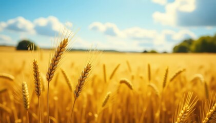 Naklejka premium Golden barley swaying gently in summer wheatfield, farming, harvest, sunny day