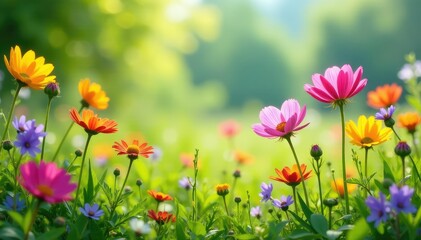 Fototapeta premium Happy Earth Day! Diverse blooming wildflowers in a lush meadow, sunny day , sunlight, Earth Day