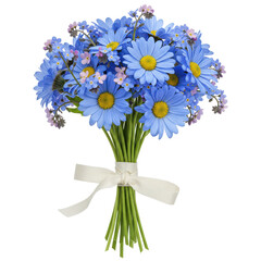 Fototapeta premium Blue daisies and pink flowers bouquet tied with a ribbon on a black background