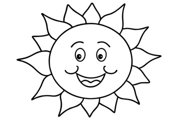 Smiling cartoon sun with radiant spikes showcases outlined simplicity against a transparent backdrop