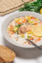 Salmon chowder cream soup lohikeitto. Traditional fish dish in Finland and other Nordic countries