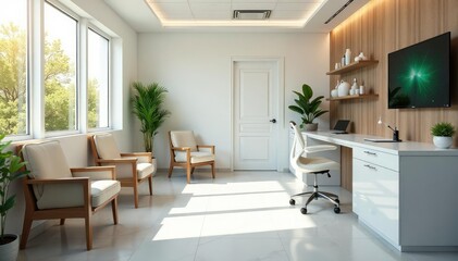 Modern, clean dentist office waiting area with comfortable seating and natural light , comfortable, interior design