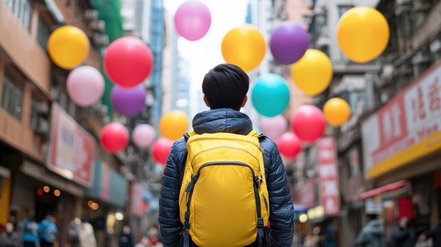 Young Traveler with Yellow Backpack in Colorful Balloon Street Scene