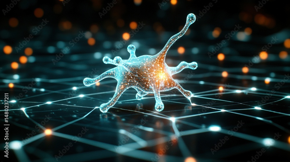 Aufkleber highly detailed digital illustration of a neuron with glowing synapses and a network of colorful con