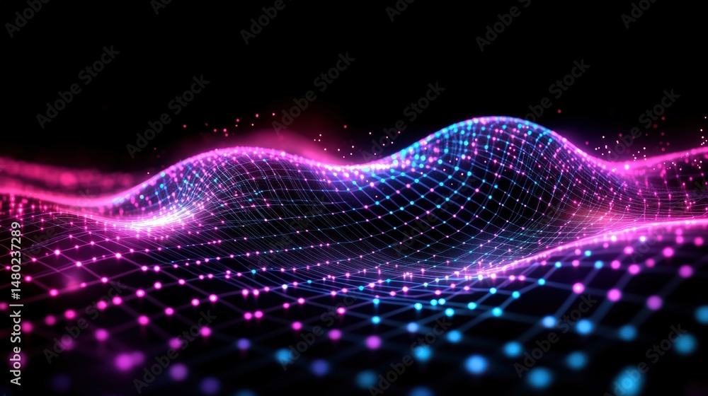 Aufkleber vibrant digital waves of light with glowing grid and dynamic motion in a futuristic tech scene