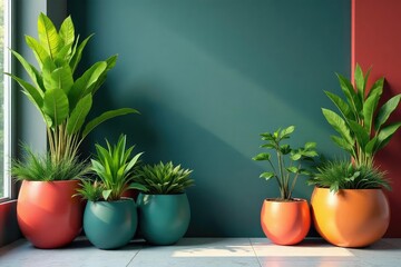 Fototapeta premium Modern potted plant arrangement, architectural design, geometric planters , vertical garden, green wall, sleek