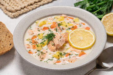 Salmon chowder cream soup lohikeitto. Traditional fish dish in Finland and other Nordic countries