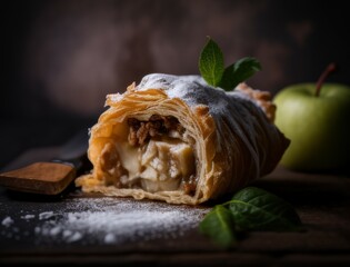 Freshly baked apple strudel with powdered sugar, cinnamon sticks, and apples styled on a rustic wooden board. Perfect for food photography, dessert, or traditional pastry visuals.
