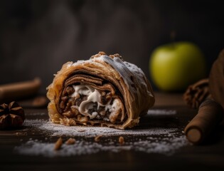 Freshly baked apple strudel with powdered sugar, cinnamon sticks, and apples styled on a rustic wooden board. Perfect for food photography, dessert, or traditional pastry visuals.