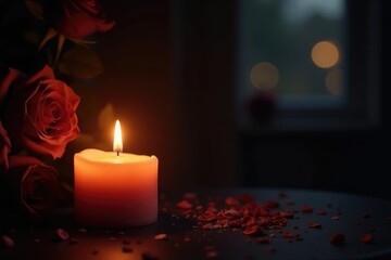 Romantic candlelight illuminates a dark room, soft glow on surfaces , night, romantic