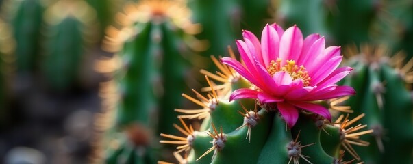 Unexpected pink flower nestled among cactus spines, aesthetic, arid landscape
