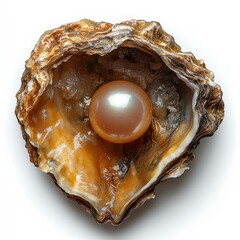Close-up view of a natural oyster shell with a lustrous pearl inside, set against a plain background