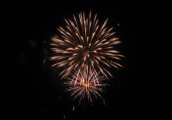 Two Bursting Fireworks Displaying Golden Radiance Against a Dark Sky