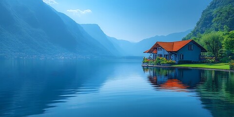 Fototapeta premium Lakeside house, serene reflection