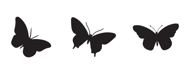 Silhouettes of three butterflies in different flight positions, displayed in black on a white background