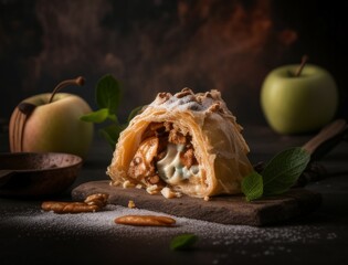 Freshly baked apple strudel with powdered sugar, cinnamon sticks, and apples styled on a rustic wooden board. Perfect for food photography, dessert, or traditional pastry visuals.