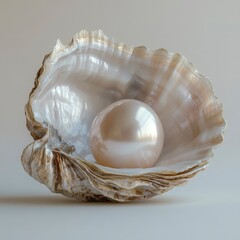 A beautifully iridescent pearl nestled within a natural oyster shell on a soft, neutral background